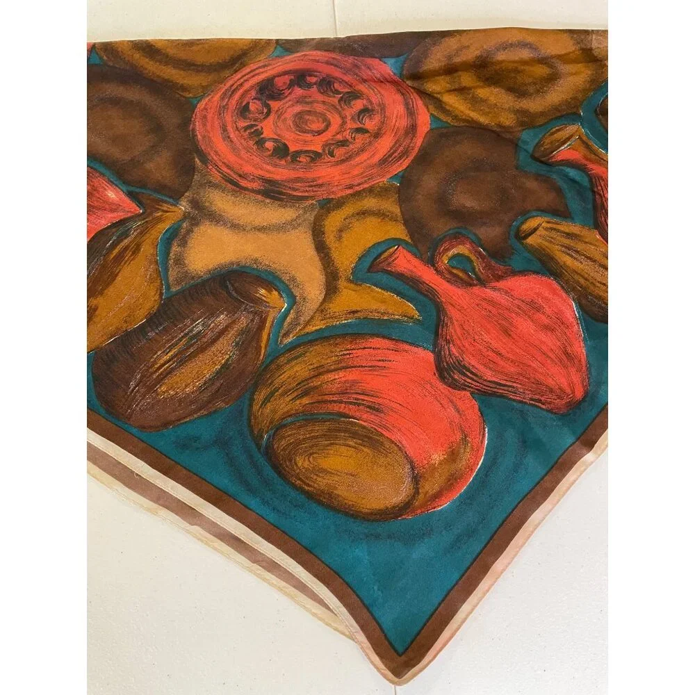 Womens Satin Abstract Pottery Square Scarf OS Vibrant Mature‎ Artsy Eclectic